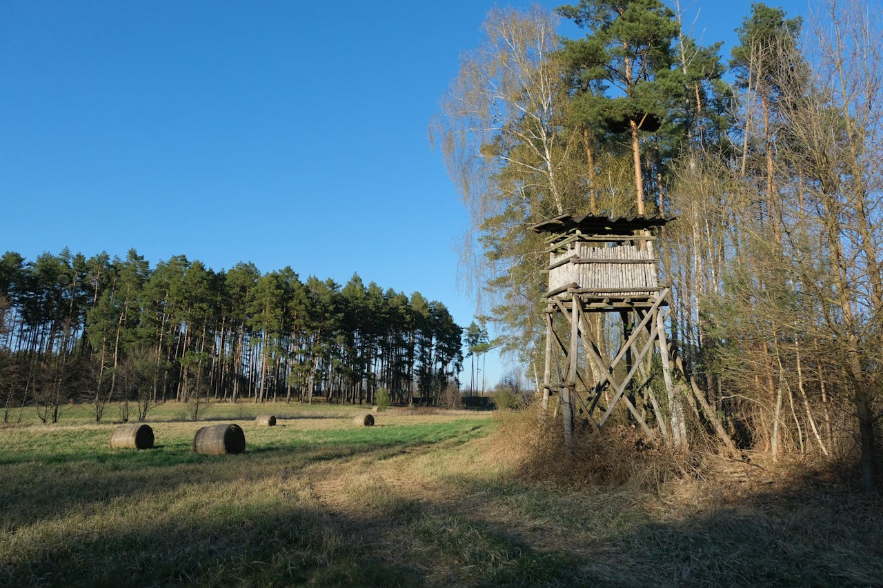 About Rustic wooden watchtower set against a backdrop of trees and hay bales in a serene countryside field.